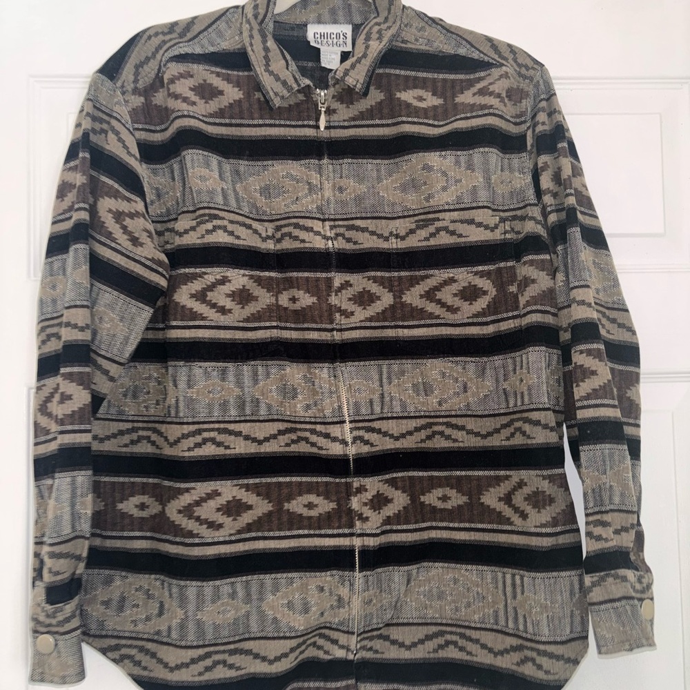 Chico's Vintage Neutral Southwestern Zip-Front Shirt Jacket - Brown & Black